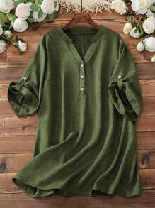 SHEIN LUNE Kích thước lớn Của phụ nữ Lỏng lẻo phù hợp Giải trí Áo sơ mi Với Chải Đường viền cổ chữ V Và Cho mùa xuân Và Mùa hè - Màu xanh Ô liu - Xem 1