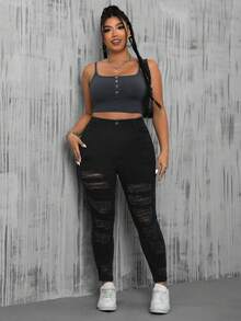 SHEIN EZwear 大尺碼女款仿舊修身牛仔褲 - 黑色 - 查看 4