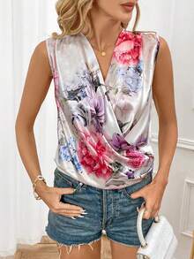 SHEIN Clasi Của phụ nữ Màu nước Hoa Cổ chữ V Xa ten Áo sơ mi - Nhiều màu - Xem 6