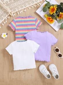SHEIN 3pcs Baby Girl Casual Summer Striped And Flower Patterned Short Sleeve Top Set Of Three - Purple - View 2