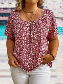 EMERY ROSE 大码花卉印花圆领休闲衬衫，夏季