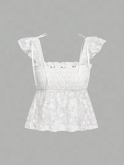 SHEINNeu Princesscore 芭蕾核心蝴蝶结荷叶边袖蕾丝海滩夏季节日生日女士服装褶皱背心