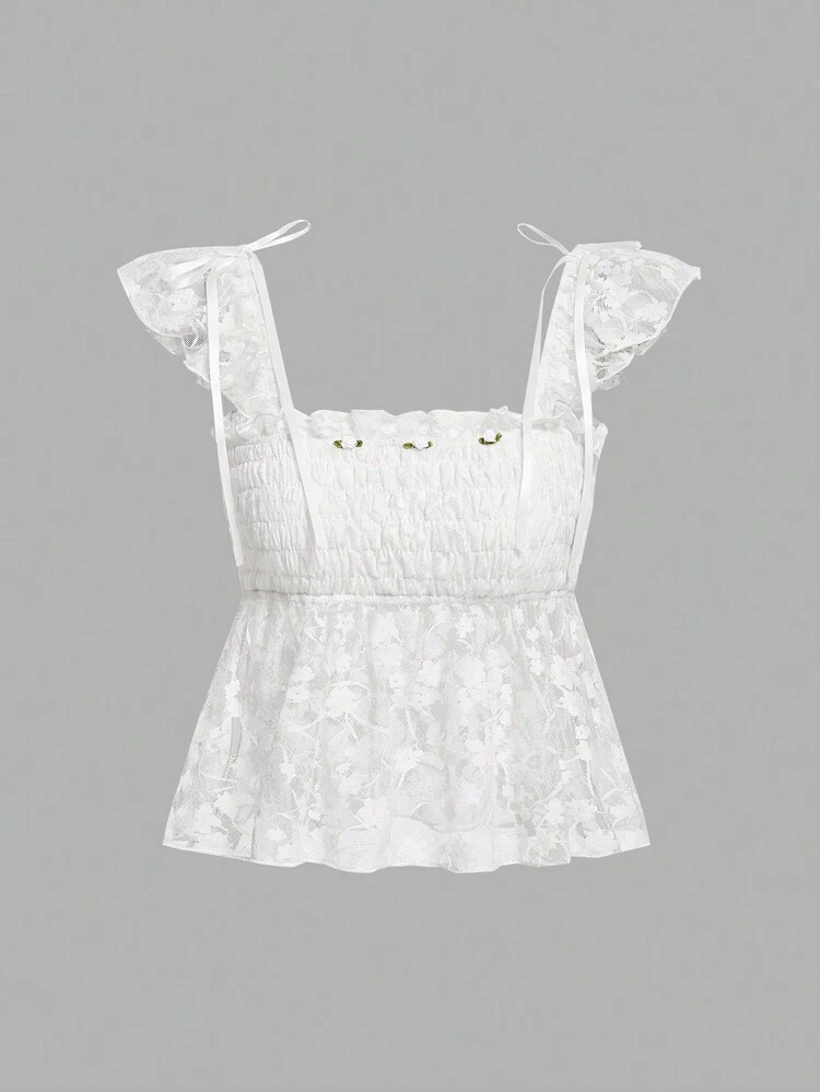 Princesscore Balletcore Bow Flounce Sleeve Lace Beach Summer Holiday Birthday Women Outfits Shirred Tank Top