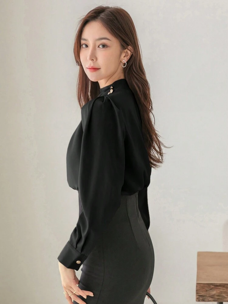 Long Sleeve Pleated Business Casual Solid Color Shirt,Fall Women Clothes