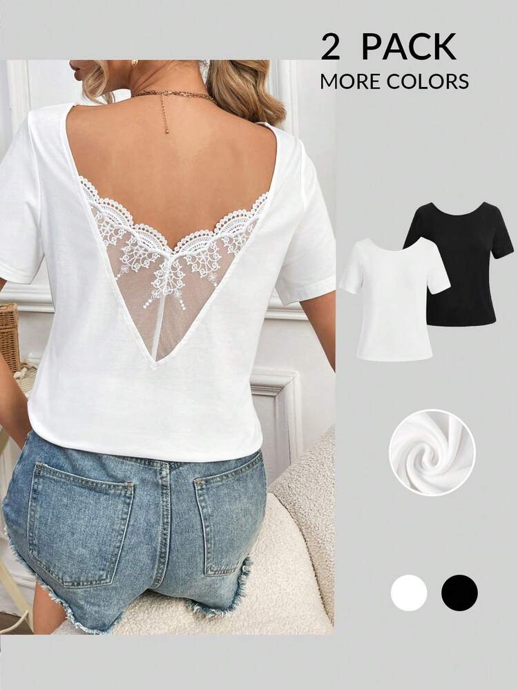 2pcs Pack Back Lace Short Sleeve Tee Set, Summer White&Black Top 2pcs Pack Set, Buy 1 Get 1 Free Casual