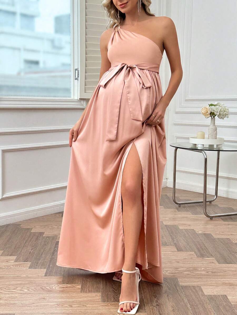 SHEIN 女性素色簡單斜肩孕婦裝,腰帶裝飾 - 粉色 - 查看 1