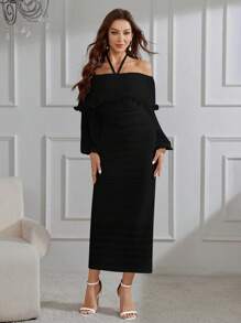 Modelyn Robe longue fendue ras-du-cou avec encolure halter de couleur unie