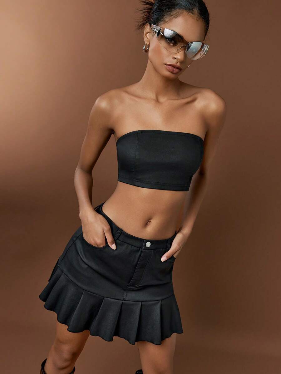 Forever 21 Women's Summer Black Coated Strapless Top And Pleated Skirt Set - Black - View 1