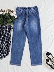 Vaqueros Rasgados Con Estampado De Margaritas De Talla Grande Para Mujer