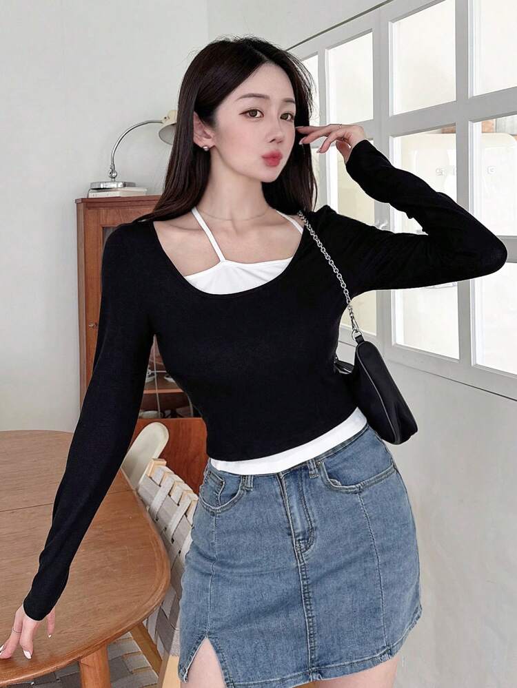 Women's Solid Color Spaghetti Strap Tank Top And Solid Color Round Neck Long Sleeve T-Shirt Two Pieces Set