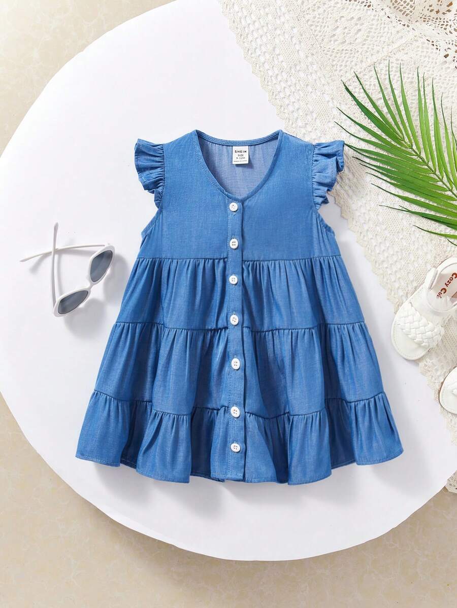 SHEIN Vestido de verano vacacional para bebé niña con hombros descubiertos y lindo estilo - Azul - Ver 1
