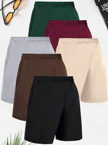 6pcs Men's Colorful Sports & Casual Beach Shorts, Summer New Classic Retro Minimalist Solid Color Drawstring Elastic Waist With Pockets - Multicolor - View 2