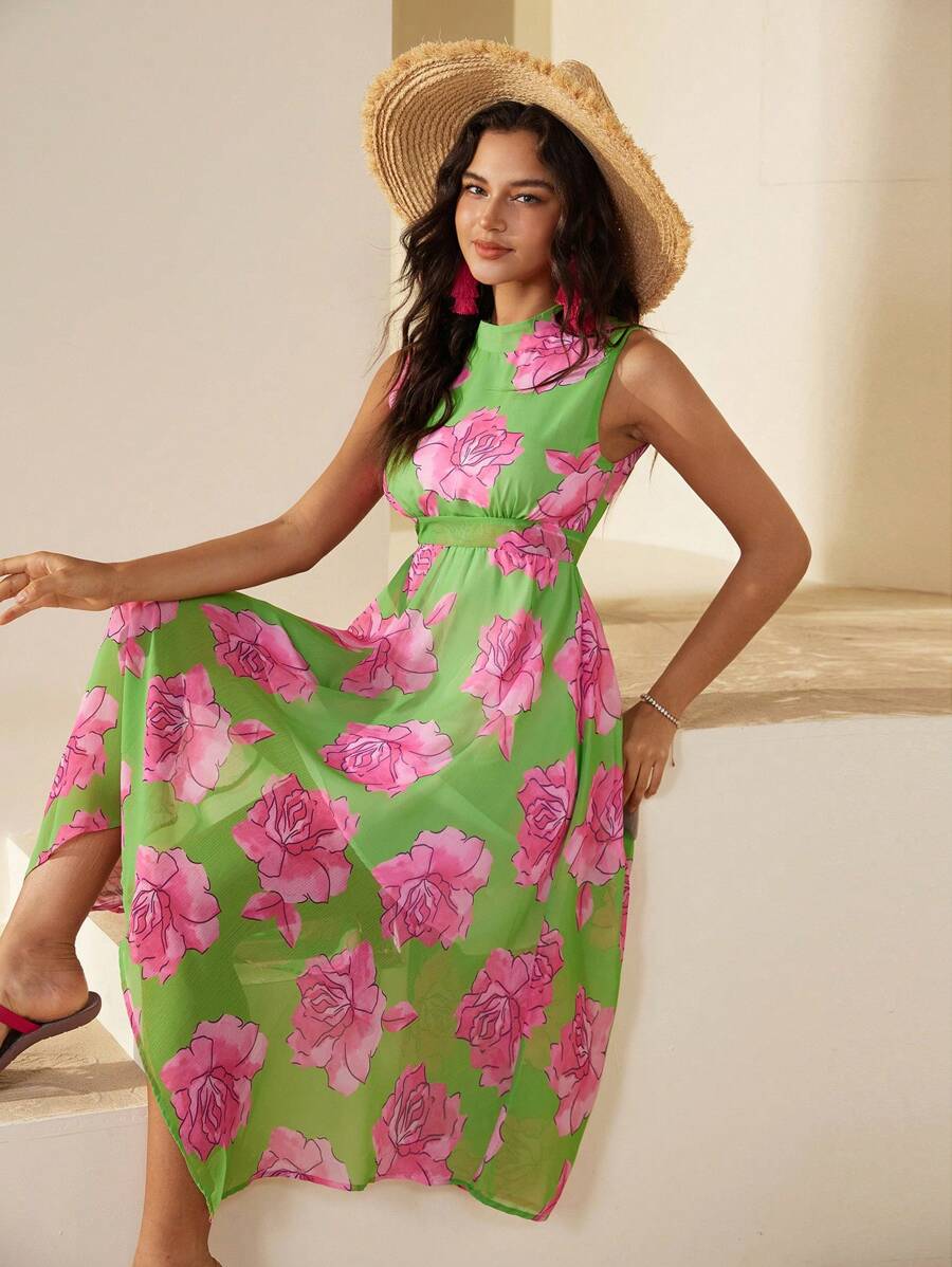 GENKIRA Women's Random Floral Print Asymmetrical Hem Sleeveless Dress For Summer - Multicolor - View 1