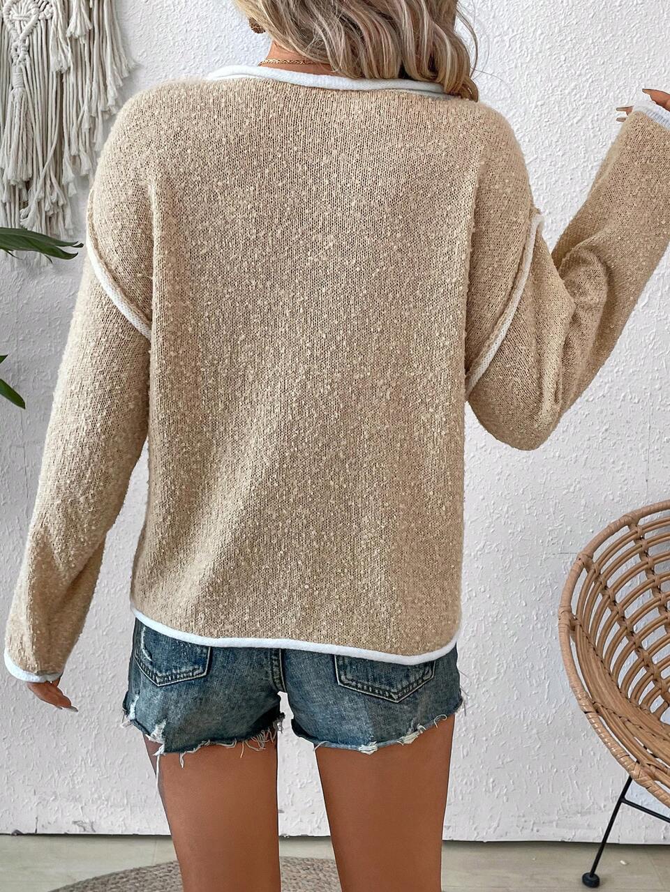 Color Block Ribbed Hem Round Neck Loose Fit Casual Sweater, Knit Pullover Fall Winter