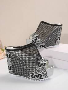 Sandali con zeppa e fondo spesso, sandali con tacco alto platform a punta aperta, pantofole con tacco spesso, estive, tacchi chunky, platform impermeabile, con laccetti forati - nero - Visualizzare 5