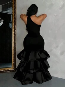 Slaydiva Dress Ukuran Plus Asimetris Ruffle Hem Tiered Layer Plain Pesta - Hitam - View 4