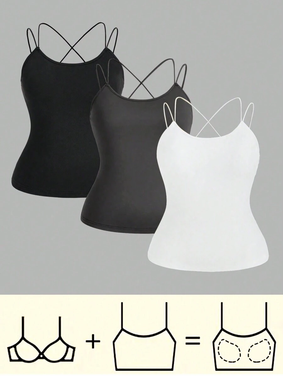 Flirla 3pcs/Set Plus Size Camisole Tops With Built-In Bra - Multicolor - View 1