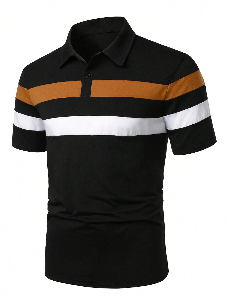 Manfinity Mode Men's Color-Contrast Stripe Short Sleeve Polo Shirt - Black - View 1