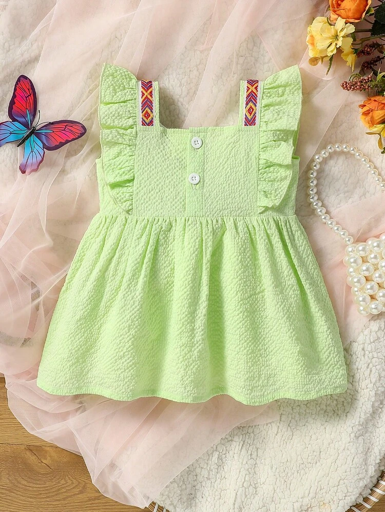 Baby Girl Woven Ribbon Ruffle Sleeved Casual And Lovely Dress, Suitable For Summer