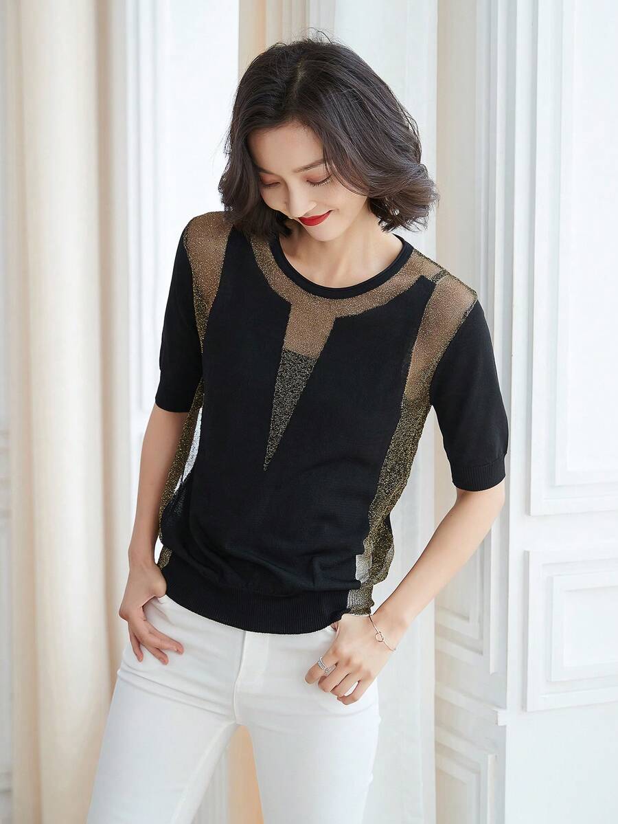 Casual Round Neck Knitted Sweater With Gold And Silver Thread Embroidery - Black - View 1