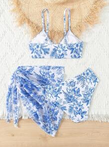 Teenage Girl's Flower Printed Bikini Set With Mesh Cover Up Top, Three Pieces Outfit - Multicolor - View 6