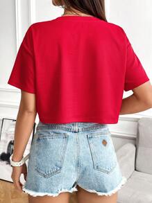 SHEIN EZwear 女士红色 23 号印花短款上衣，夏季洛杉矶 23 - 紅色 - 查看 2