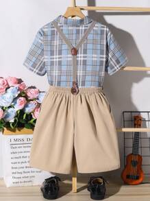 SHEIN 2 Stücke/Set Hemd im College-Stil mit elegantem Karomuster und abnehmbarer Hosenträger-Shorts für Tween Jungen