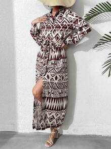 Seusyu 女士幾何印花長袖阿拉伯風格連衣裙 - 咖啡棕 - 查看 4