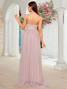 V-Neck Lace Eyelash Trim Chiffon A-Line Bridesmaid Maxi Dress - Pink - View 2