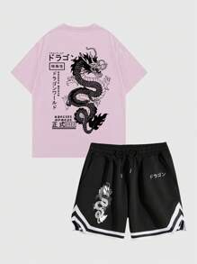 ROMWE MEN Anime 2入組男士龍印花短袖t恤和短褲,適用於春夏日常穿著 - 粉色 - 查看 1