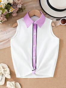 SHEIN Young Girl Color Block Patchwork Collar Sleeveless Top For Spring And Summer - Purple - View 1