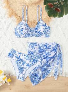 Teenage Girl's Flower Printed Bikini Set With Mesh Cover Up Top, Three Pieces Outfit - Multicolor - View 5