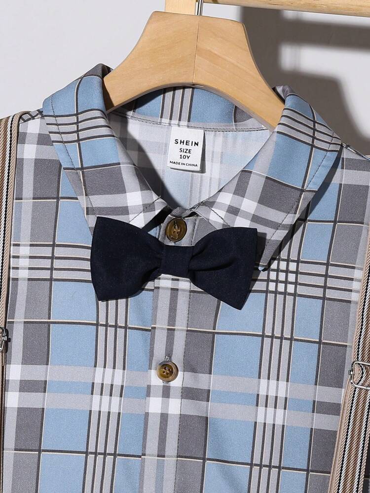 2pcs/Set Tween Boy Loose Fit Elegant Plaid College Style Shirt With Removable Suspender Shorts
