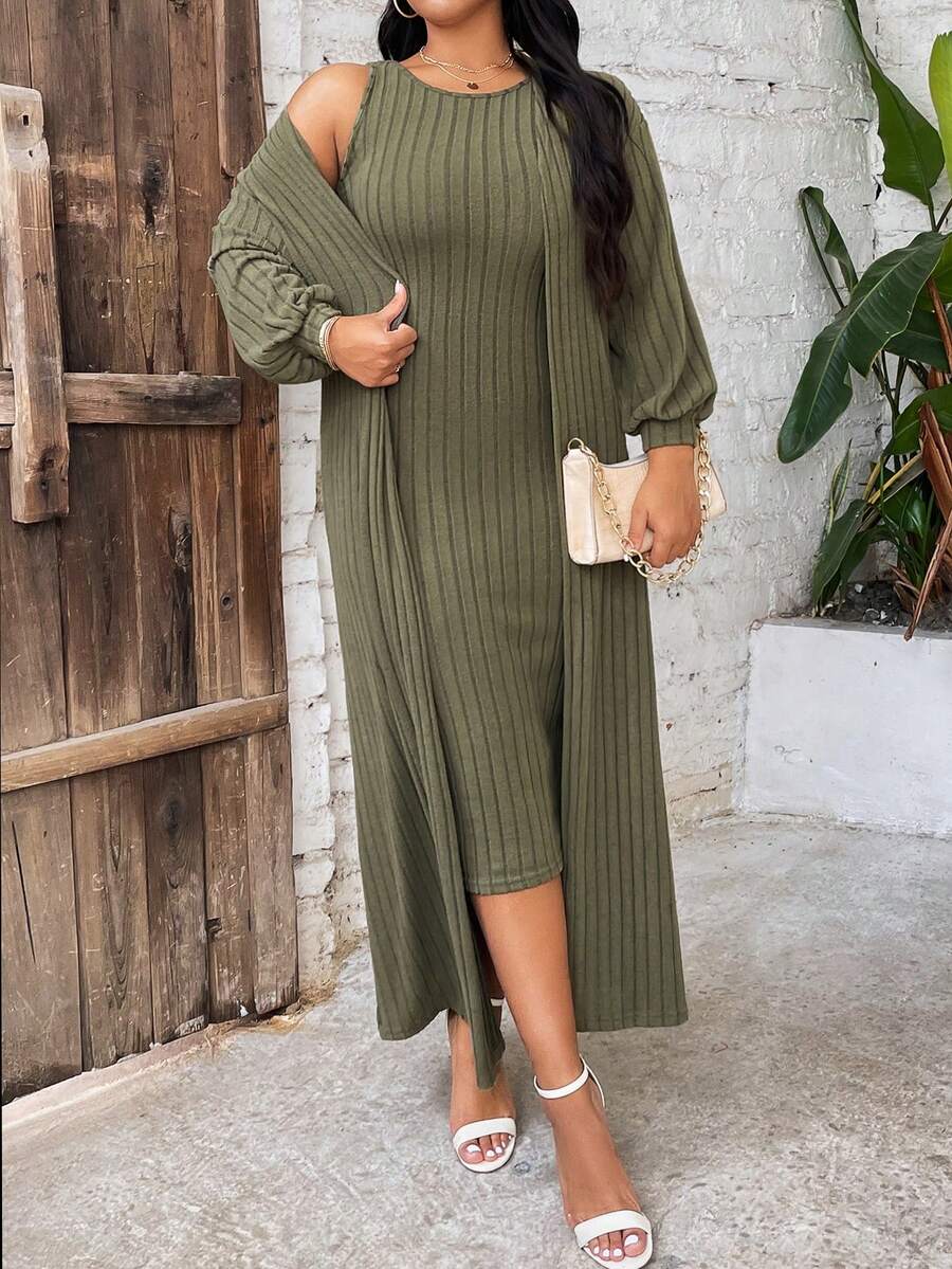 Maweii Plus Size Solid Color Artsy Casual Two-Piece Set - Green - View 1