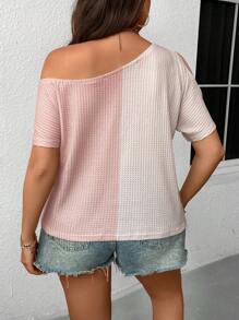 Calvaya Plus Size Women's Casual Asymmetric Collar Color Block T-Shirt Suitable For Summer
