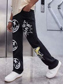 SHEIN Tween Boy Stylish Y2K Loose Straight Leg Black Jeans With Slogan And Face Printed,For Tween Boy Outfits - Black - View 5