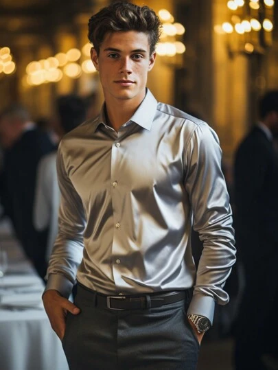 Men's Long Sleeve Blend Fabric Dress Shirt For Banquet, For Fall