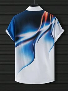 Manfinity Homme 男士印花休閒短袖襯衫，適用於春夏季節，修身版型鈕扣翻領彩色圖案襯衫 - 彩色 - 查看 2