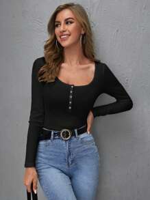 SHEIN BASICS 按壓紐扣合身上衣 - 黑色 - 查看 6