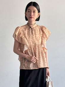 FRIFUL Women's Stylish Polka Dot Pattern Ruffled Hem Blouse - Beige - View 3