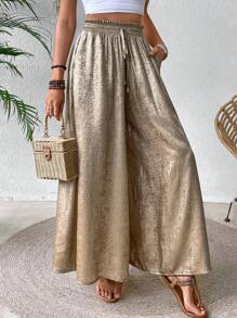 Breezaya 女士休闲前系带阔腿裤，适合夏季新年假期聚会服装 - 金色 - 查看 4
