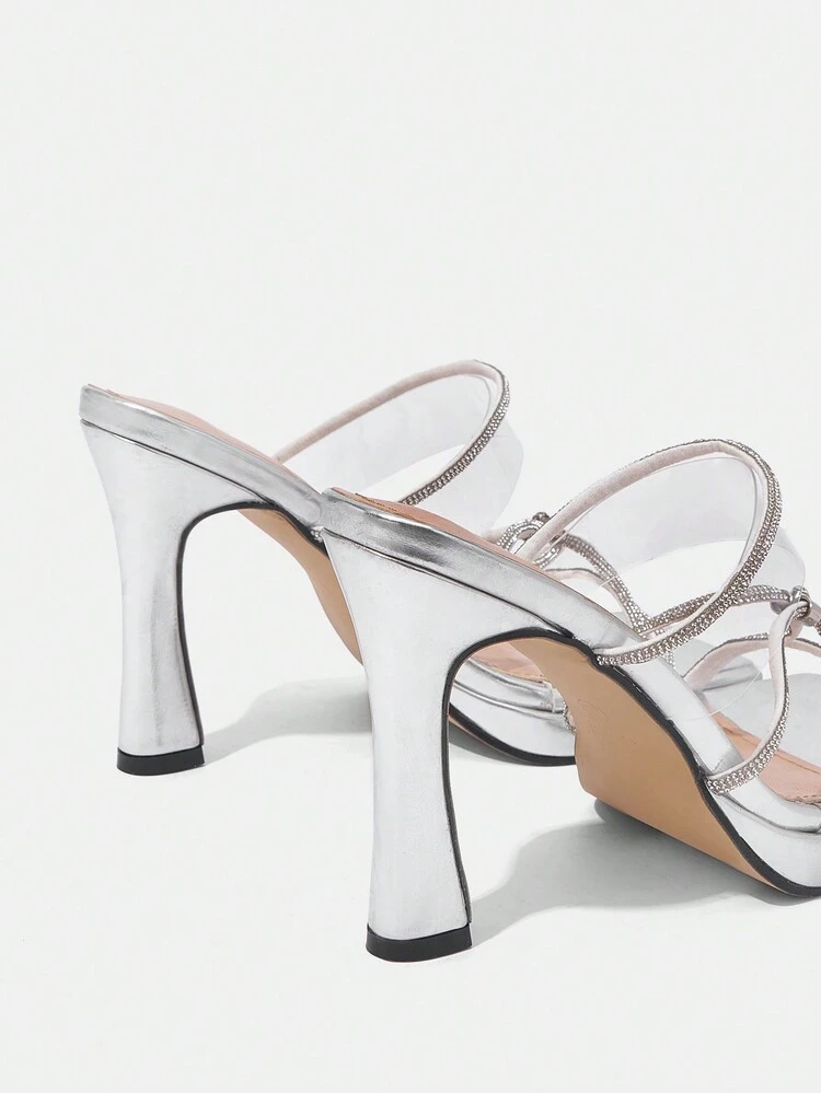 Women's High Heel Slide Sandals With Waterproof Platform, Thick Heel, Strip Decoration And Simple Rhinestone Vacation Shoes Summer