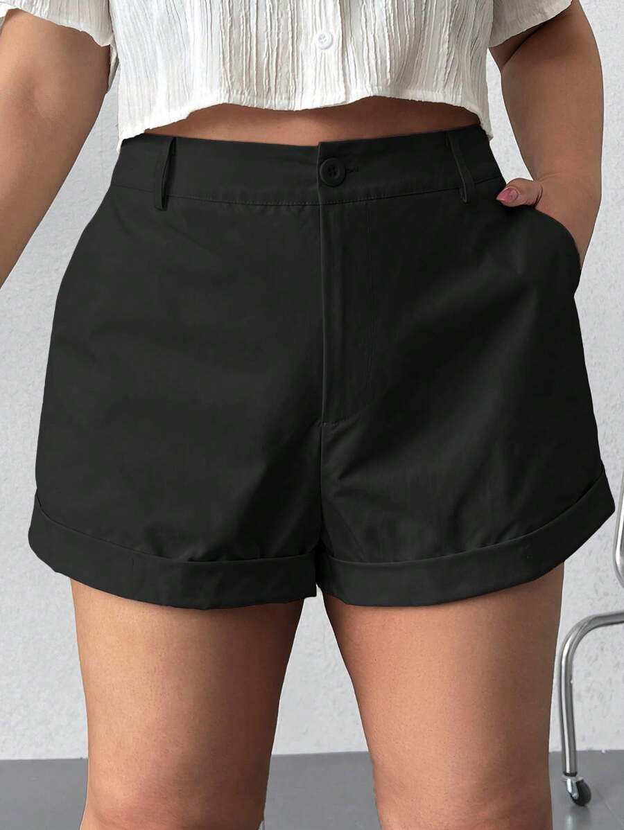 SHEIN EZwear Plus Size Plain Casual Cuffed Shorts - Black - View 1