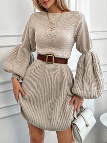 EURMUSE Solid Lantern Sleeve Sweater Dress - Light Grey - View 1