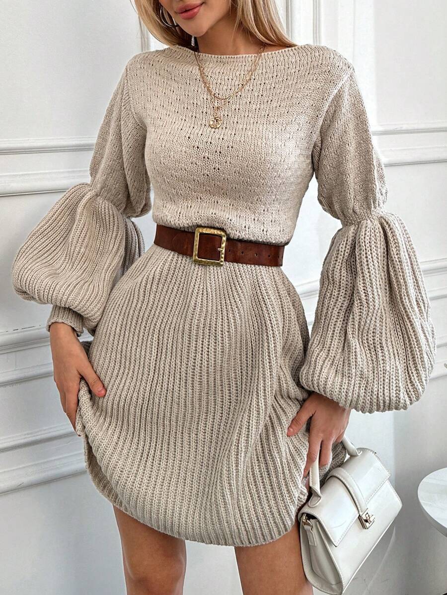 EURMUSE Solid Lantern Sleeve Sweater Dress - Light Grey - View 1