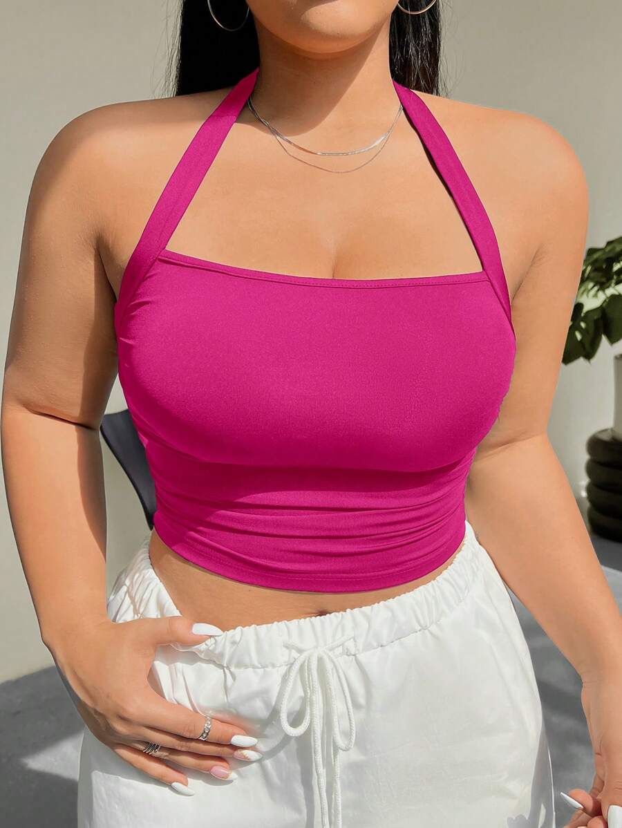 SHEIN EZwear Top De Tanque De Gasa De Cuello Halter De Talla Grande Con Cintura Fruncida De Color Sólido Y A La Moda - Rosa Fucsia - Ver 1
