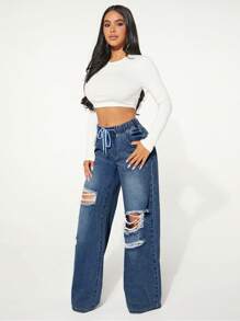 女式松紧腰抽绳宽松破洞牛仔裤，春夏 - 深色水洗藍 - 查看 4