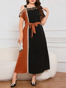 Modelyn 女士不對稱領口拼接腰帶和流蘇細節連衣裙 - 鏽棕色 - 查看 1