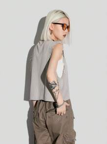 SHEIN EZwear لباس علوي محبوك نسائي بدون أكمام بتأثير متهالك عارض - رمادي فاتح - مشاهدة 2