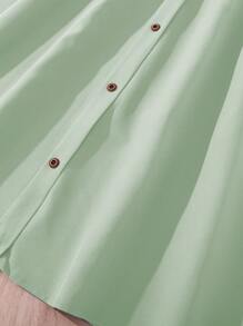 Tween Girl波浪袖女孩印花上衣和扣子裝飾的a字裙,休閒夏季套裝 - 薄荷綠 - 查看 5